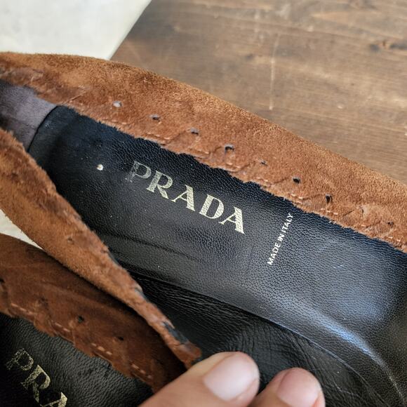 Prada Designer Kitten Heel Brown Suede Floral Pumps Women's Size 40 - Picture 10 of 14